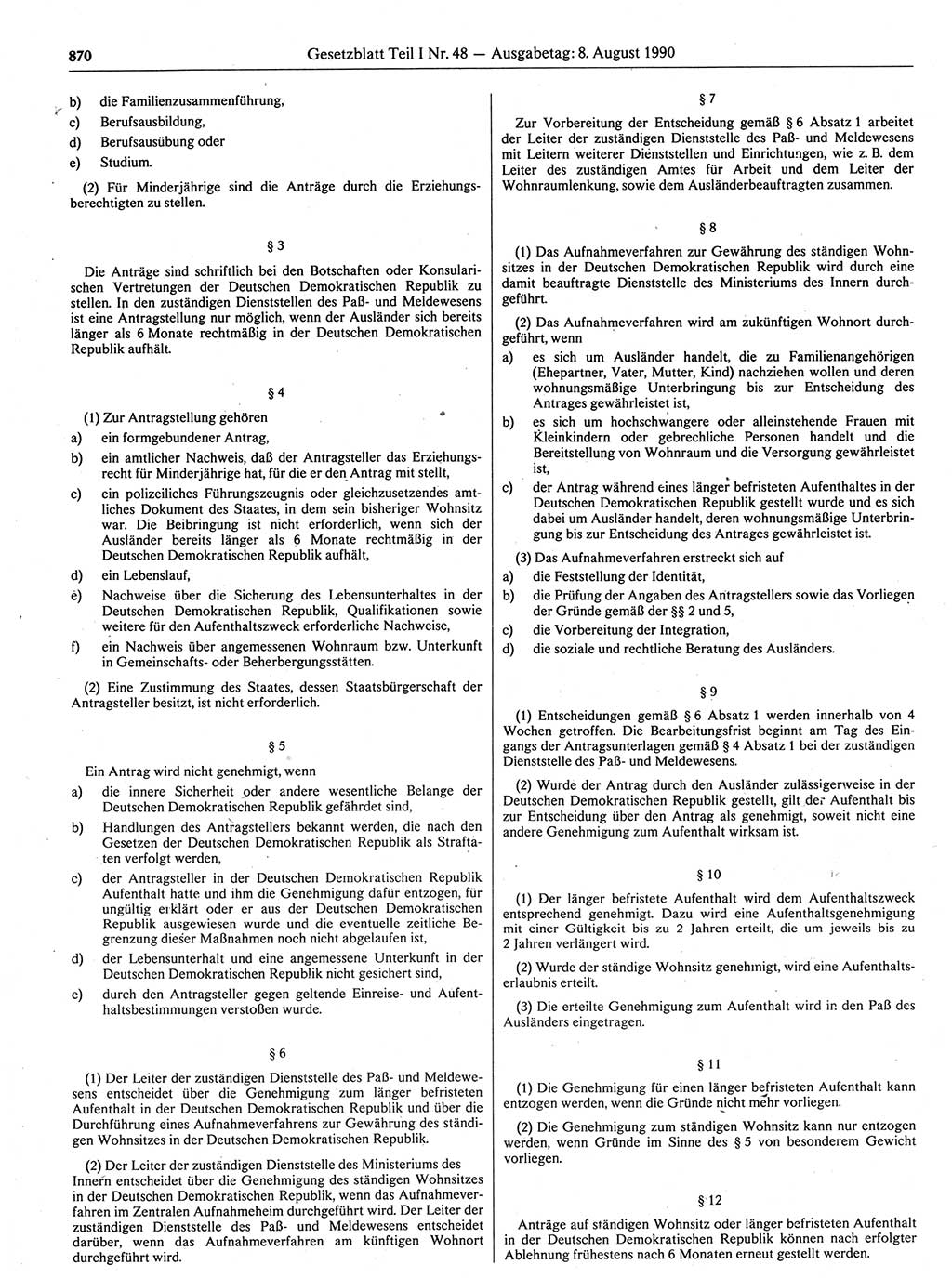 Gesetzblatt (GBl.) der Deutschen Demokratischen Republik (DDR) Teil Ⅰ 1990, Seite 870 (GBl. DDR Ⅰ 1990, S. 870)