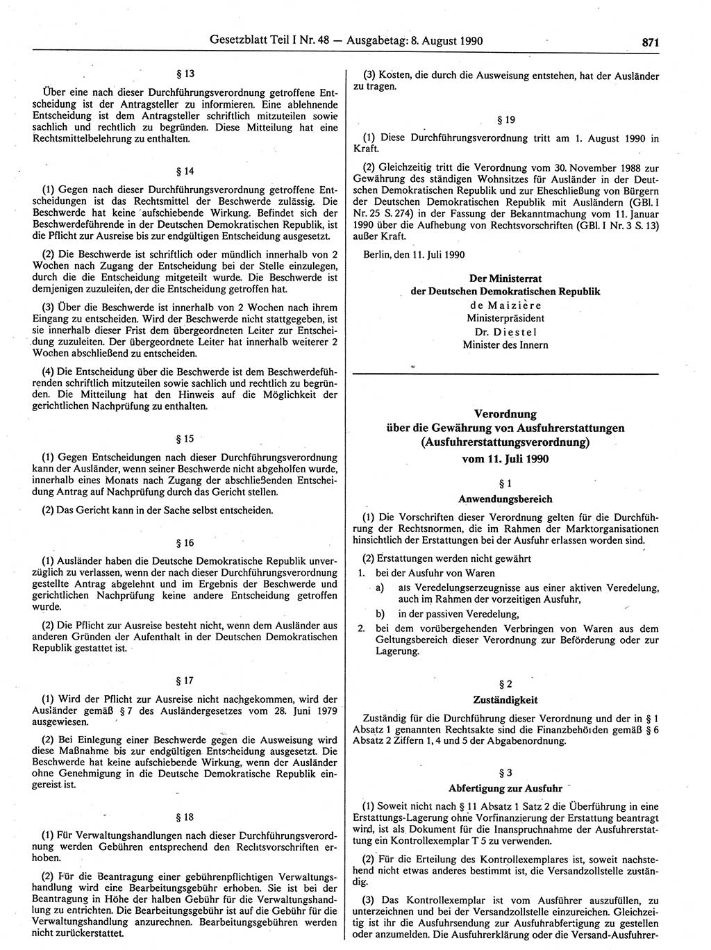 Gesetzblatt (GBl.) der Deutschen Demokratischen Republik (DDR) Teil Ⅰ 1990, Seite 871 (GBl. DDR Ⅰ 1990, S. 871)