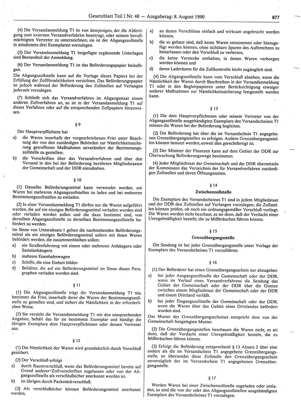 Gesetzblatt (GBl.) der Deutschen Demokratischen Republik (DDR) Teil Ⅰ 1990, Seite 877 (GBl. DDR Ⅰ 1990, S. 877)