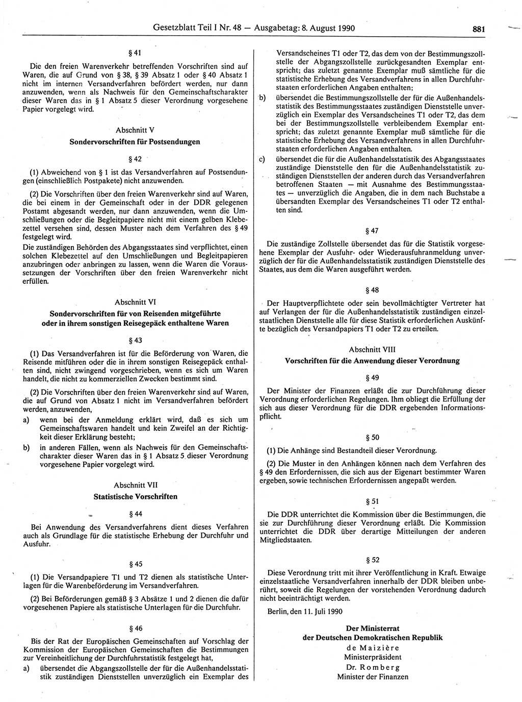 Gesetzblatt (GBl.) der Deutschen Demokratischen Republik (DDR) Teil Ⅰ 1990, Seite 881 (GBl. DDR Ⅰ 1990, S. 881)