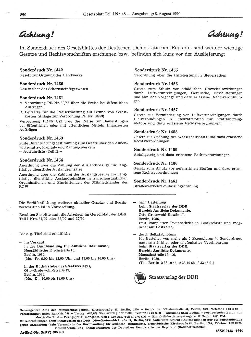 Gesetzblatt (GBl.) der Deutschen Demokratischen Republik (DDR) Teil Ⅰ 1990, Seite 890 (GBl. DDR Ⅰ 1990, S. 890)