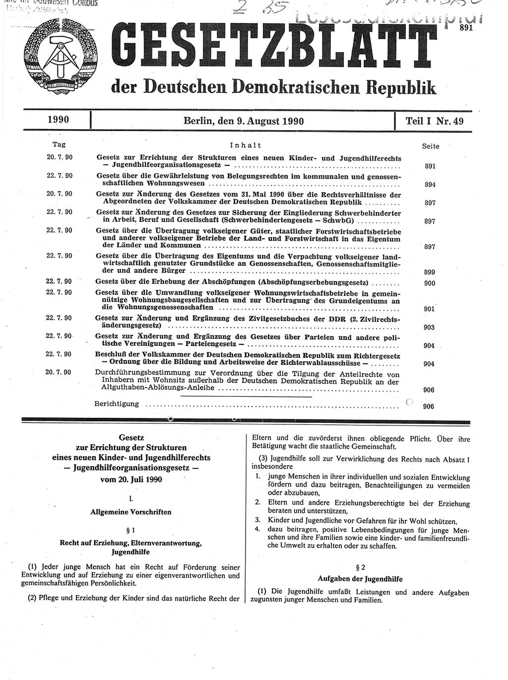 Gesetzblatt (GBl.) der Deutschen Demokratischen Republik (DDR) Teil Ⅰ 1990, Seite 891 (GBl. DDR Ⅰ 1990, S. 891)