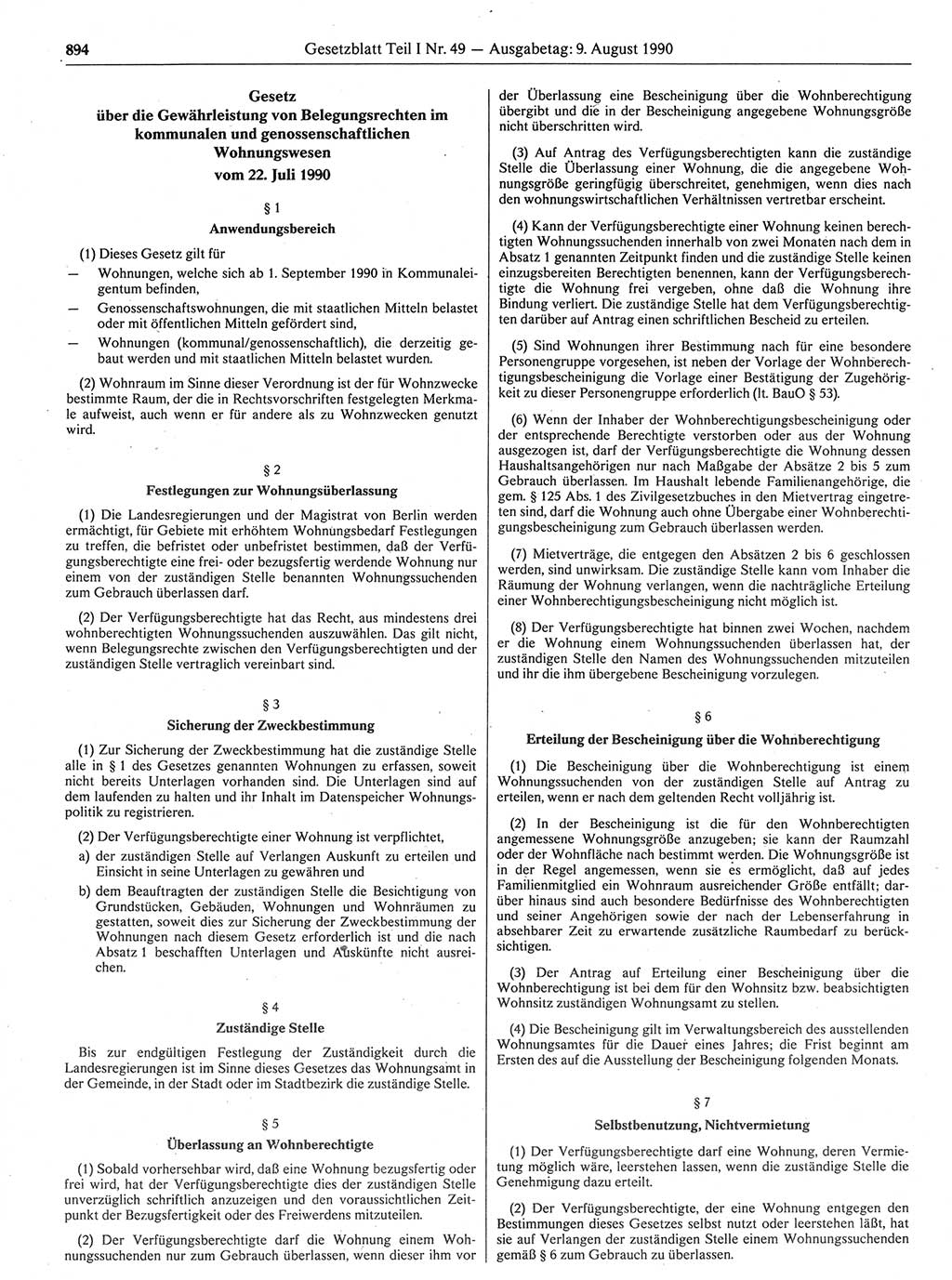 Gesetzblatt (GBl.) der Deutschen Demokratischen Republik (DDR) Teil Ⅰ 1990, Seite 894 (GBl. DDR Ⅰ 1990, S. 894)