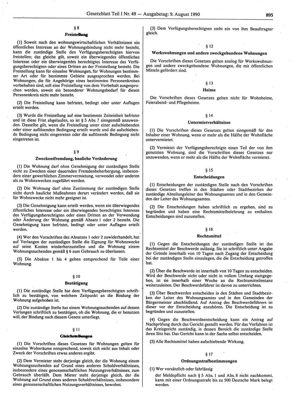 Gesetzblatt (GBl.) der Deutschen Demokratischen Republik (DDR) Teil Ⅰ 1990, Seite 895 (GBl. DDR Ⅰ 1990, S. 895)