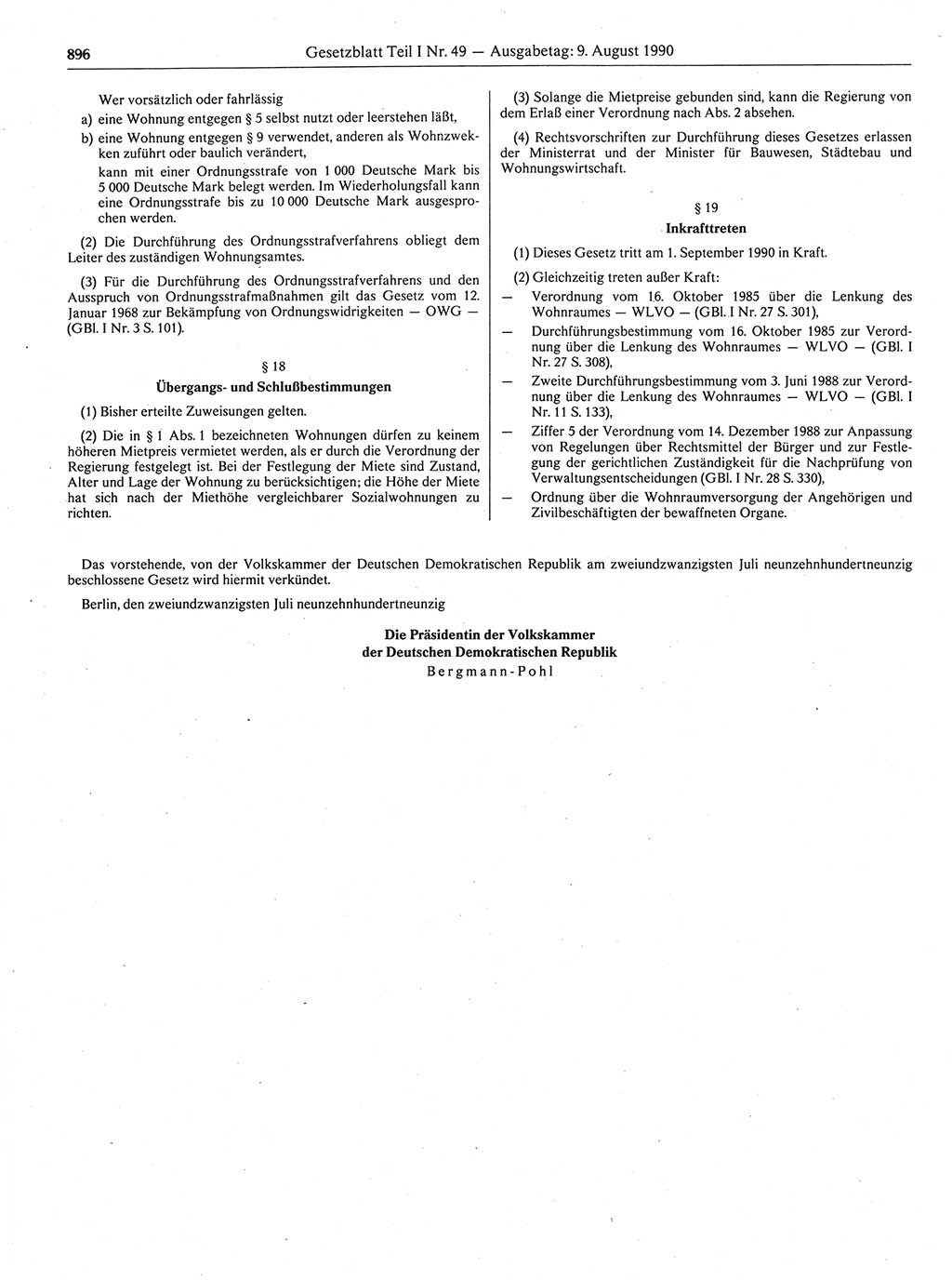 Gesetzblatt (GBl.) der Deutschen Demokratischen Republik (DDR) Teil Ⅰ 1990, Seite 896 (GBl. DDR Ⅰ 1990, S. 896)