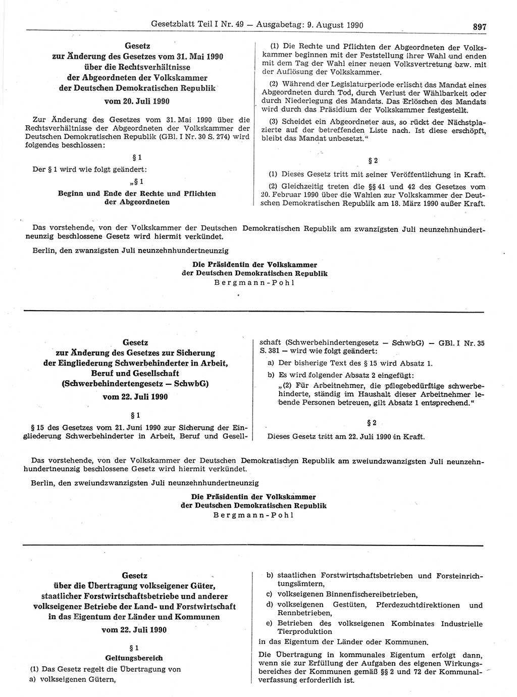 Gesetzblatt (GBl.) der Deutschen Demokratischen Republik (DDR) Teil Ⅰ 1990, Seite 897 (GBl. DDR Ⅰ 1990, S. 897)