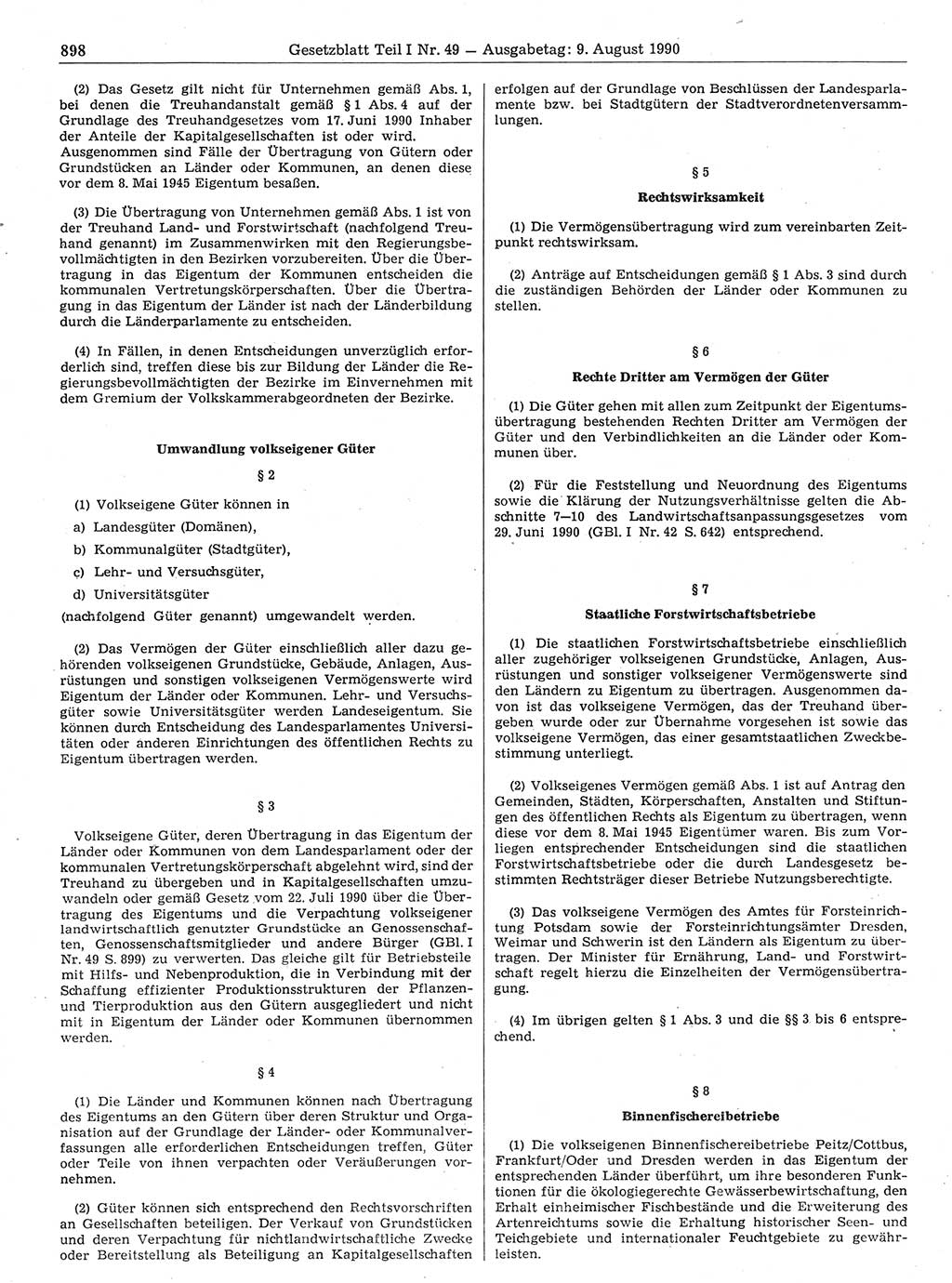 Gesetzblatt (GBl.) der Deutschen Demokratischen Republik (DDR) Teil Ⅰ 1990, Seite 898 (GBl. DDR Ⅰ 1990, S. 898)