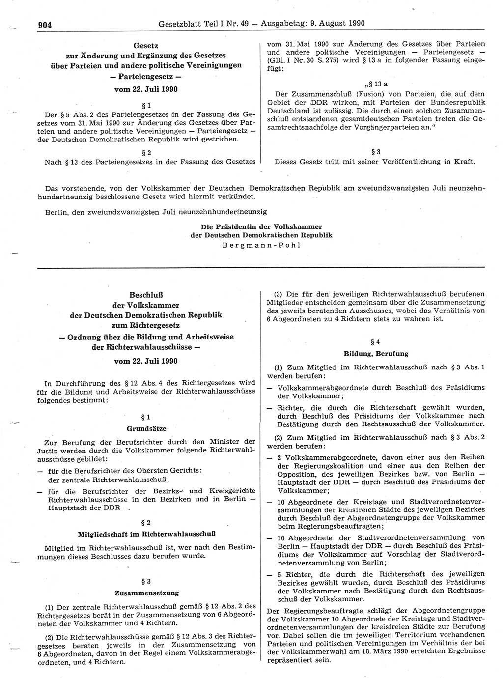 Gesetzblatt (GBl.) der Deutschen Demokratischen Republik (DDR) Teil Ⅰ 1990, Seite 904 (GBl. DDR Ⅰ 1990, S. 904)