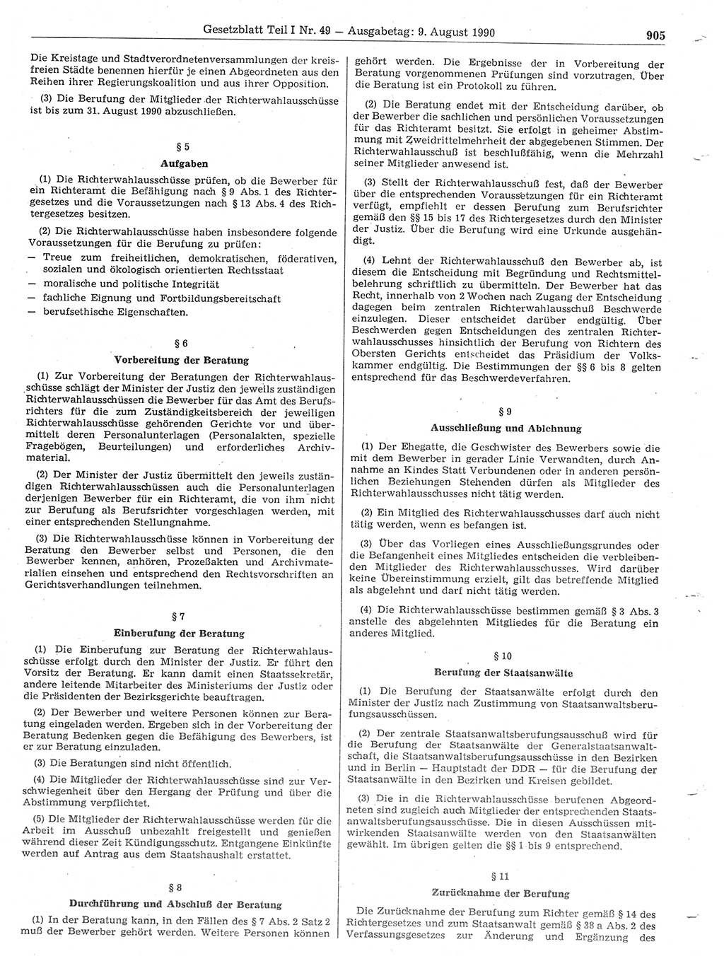 Gesetzblatt (GBl.) der Deutschen Demokratischen Republik (DDR) Teil Ⅰ 1990, Seite 905 (GBl. DDR Ⅰ 1990, S. 905)