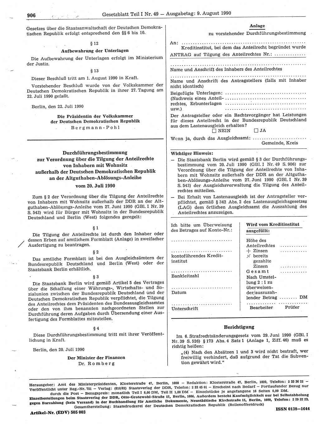 Gesetzblatt (GBl.) der Deutschen Demokratischen Republik (DDR) Teil Ⅰ 1990, Seite 906 (GBl. DDR Ⅰ 1990, S. 906)