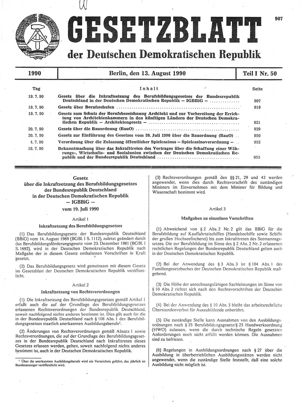 Gesetzblatt (GBl.) der Deutschen Demokratischen Republik (DDR) Teil Ⅰ 1990, Seite 907 (GBl. DDR Ⅰ 1990, S. 907)