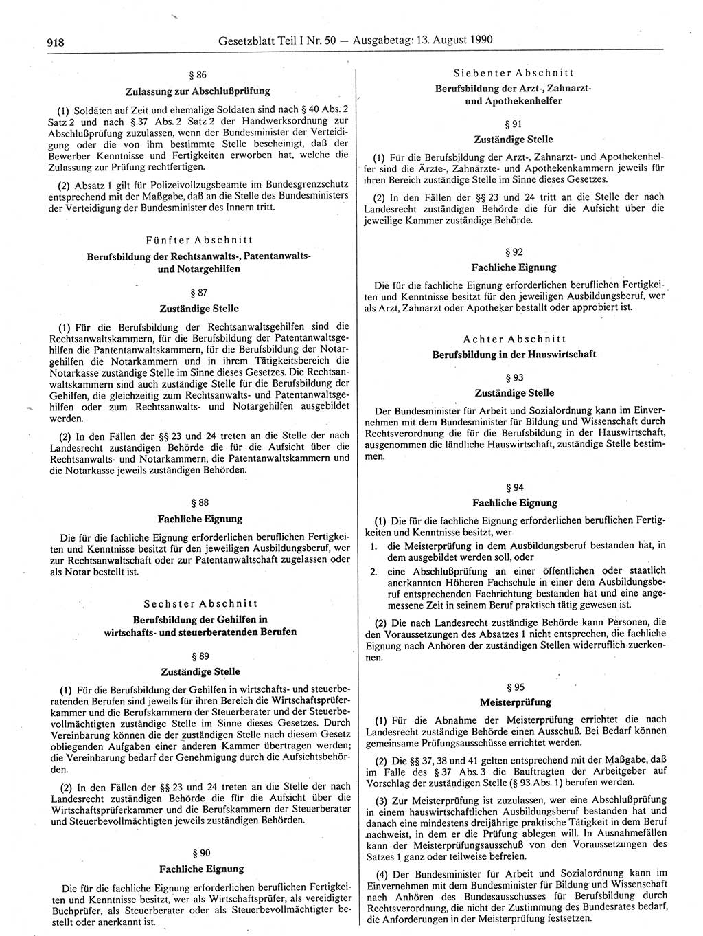 Gesetzblatt (GBl.) der Deutschen Demokratischen Republik (DDR) Teil Ⅰ 1990, Seite 918 (GBl. DDR Ⅰ 1990, S. 918)