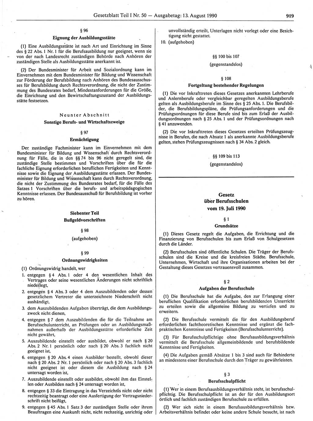 Gesetzblatt (GBl.) der Deutschen Demokratischen Republik (DDR) Teil Ⅰ 1990, Seite 919 (GBl. DDR Ⅰ 1990, S. 919)