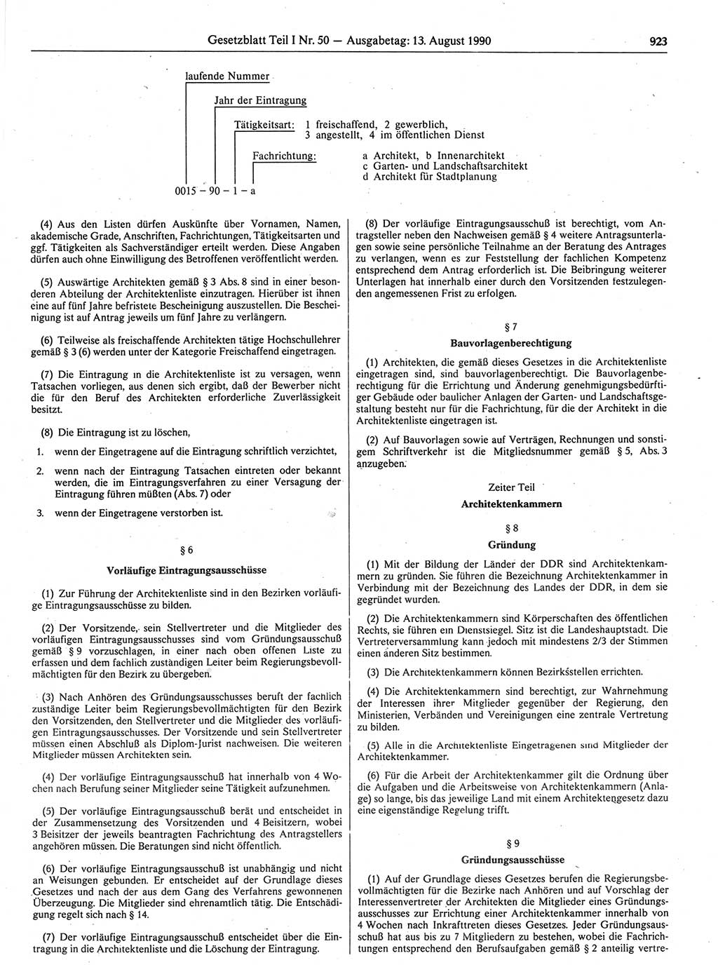 Gesetzblatt (GBl.) der Deutschen Demokratischen Republik (DDR) Teil Ⅰ 1990, Seite 923 (GBl. DDR Ⅰ 1990, S. 923)