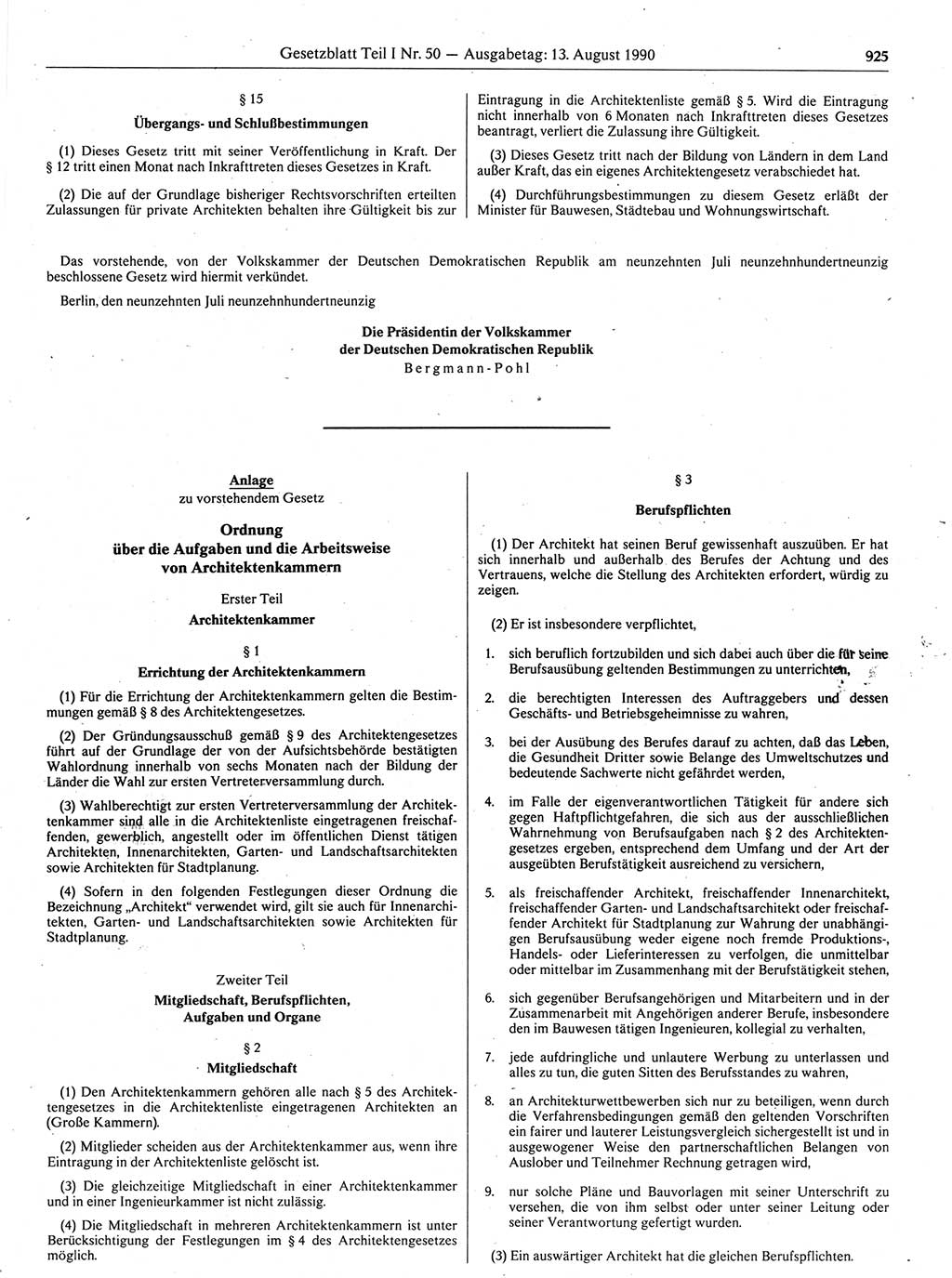 Gesetzblatt (GBl.) der Deutschen Demokratischen Republik (DDR) Teil Ⅰ 1990, Seite 925 (GBl. DDR Ⅰ 1990, S. 925)