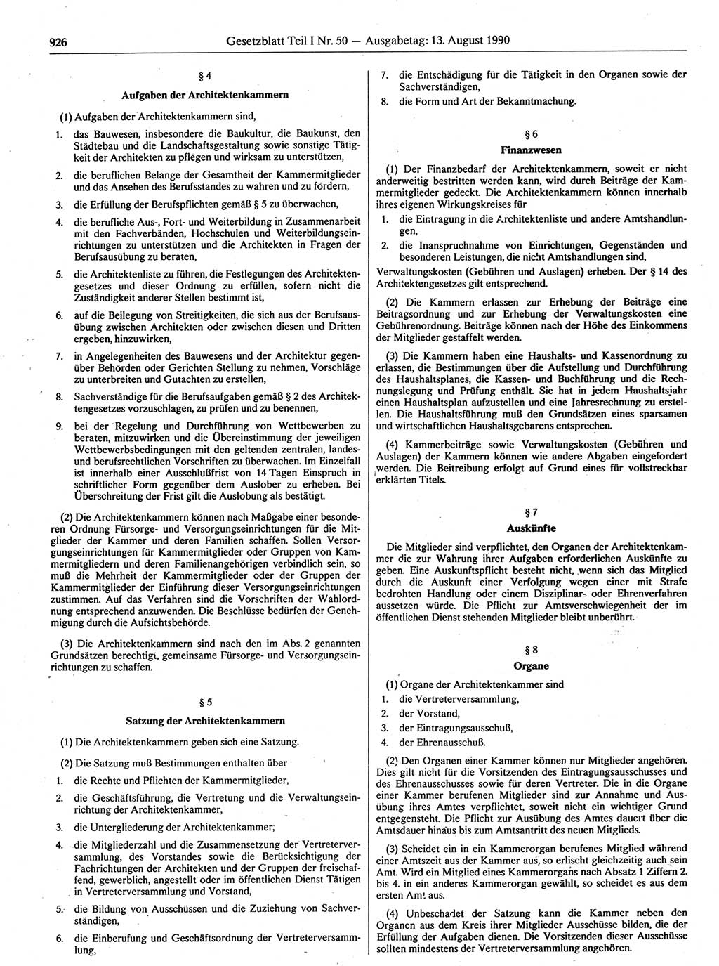 Gesetzblatt (GBl.) der Deutschen Demokratischen Republik (DDR) Teil Ⅰ 1990, Seite 926 (GBl. DDR Ⅰ 1990, S. 926)