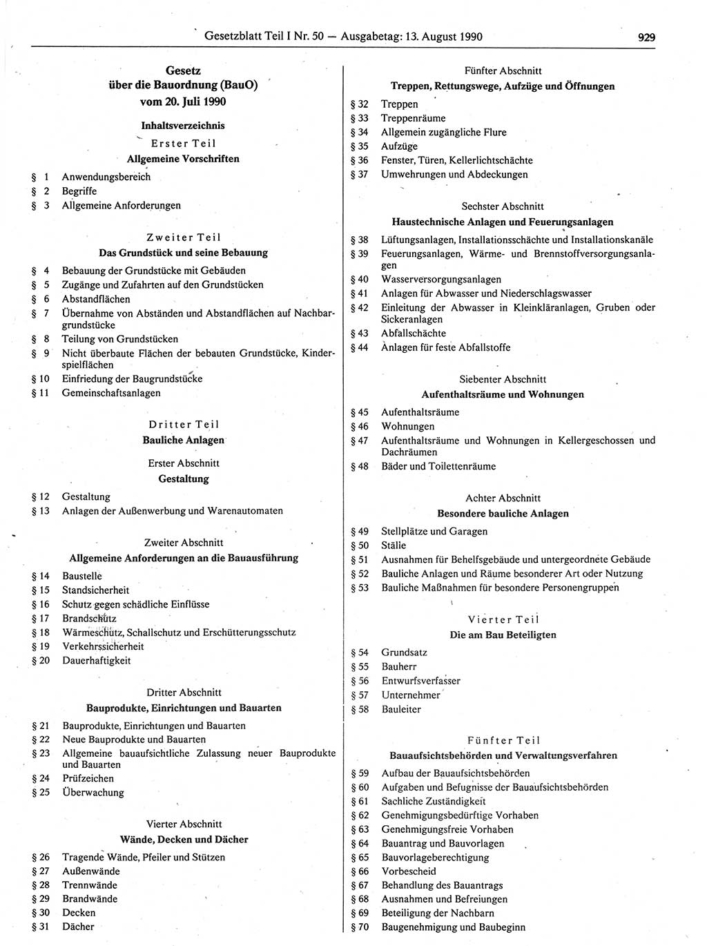 Gesetzblatt (GBl.) der Deutschen Demokratischen Republik (DDR) Teil Ⅰ 1990, Seite 929 (GBl. DDR Ⅰ 1990, S. 929)