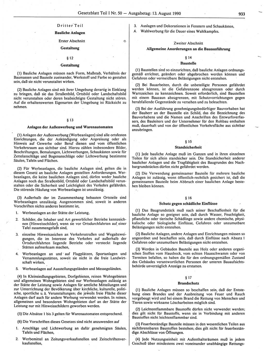 Gesetzblatt (GBl.) der Deutschen Demokratischen Republik (DDR) Teil Ⅰ 1990, Seite 933 (GBl. DDR Ⅰ 1990, S. 933)