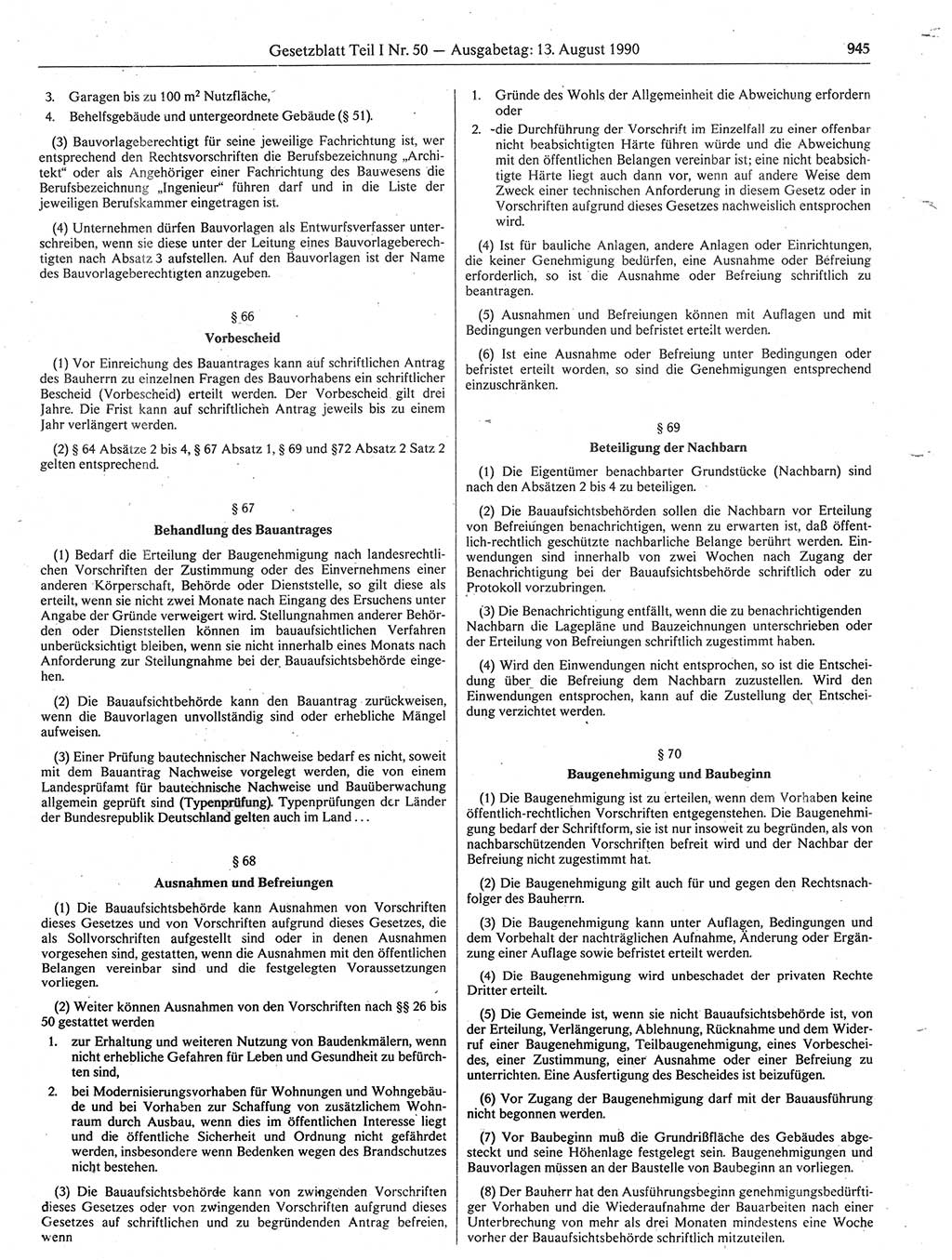 Gesetzblatt (GBl.) der Deutschen Demokratischen Republik (DDR) Teil Ⅰ 1990, Seite 945 (GBl. DDR Ⅰ 1990, S. 945)