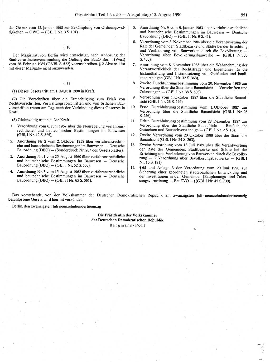 Gesetzblatt (GBl.) der Deutschen Demokratischen Republik (DDR) Teil Ⅰ 1990, Seite 951 (GBl. DDR Ⅰ 1990, S. 951)
