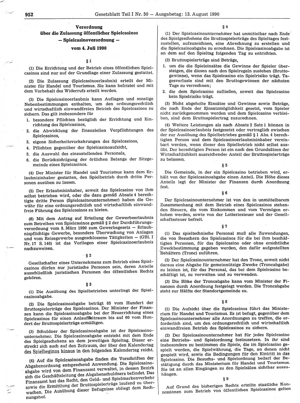 Gesetzblatt (GBl.) der Deutschen Demokratischen Republik (DDR) Teil Ⅰ 1990, Seite 952 (GBl. DDR Ⅰ 1990, S. 952)