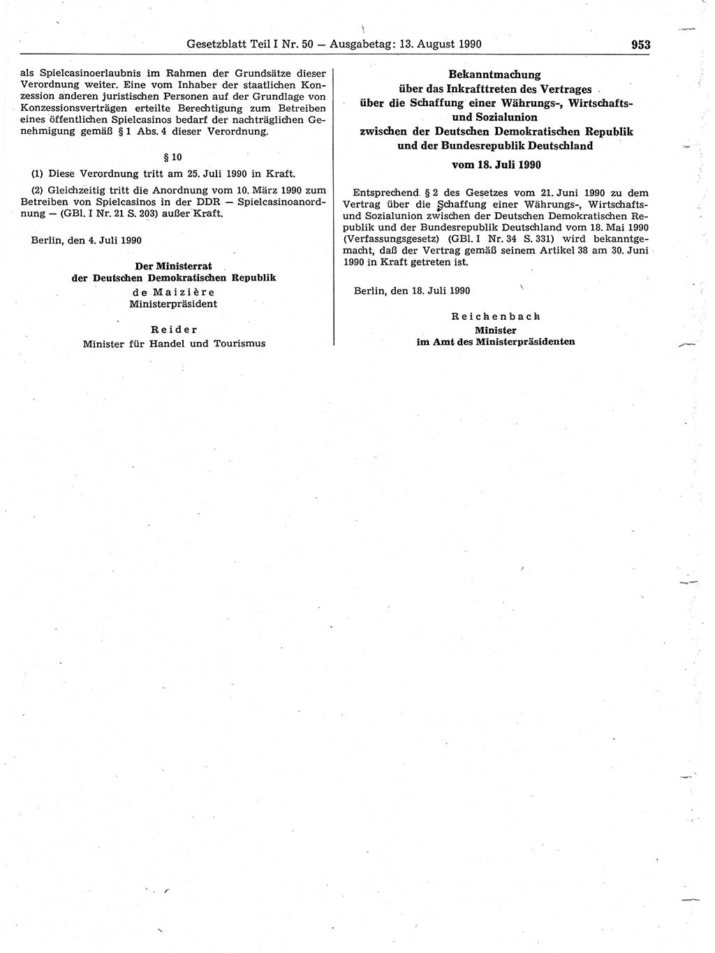Gesetzblatt (GBl.) der Deutschen Demokratischen Republik (DDR) Teil Ⅰ 1990, Seite 953 (GBl. DDR Ⅰ 1990, S. 953)