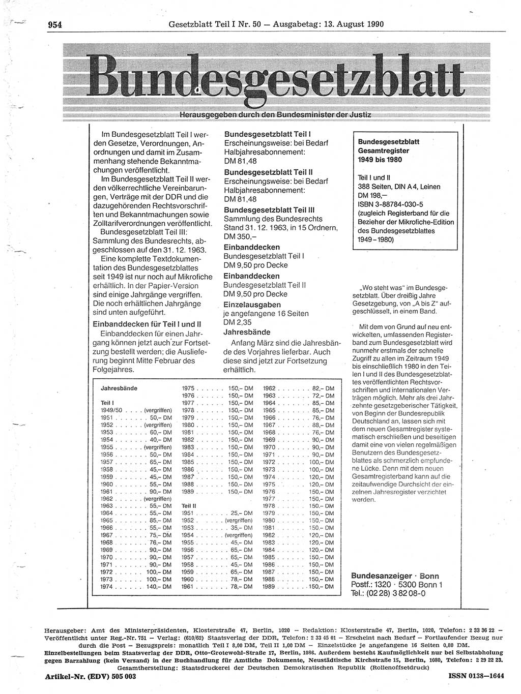 Gesetzblatt (GBl.) der Deutschen Demokratischen Republik (DDR) Teil Ⅰ 1990, Seite 954 (GBl. DDR Ⅰ 1990, S. 954)