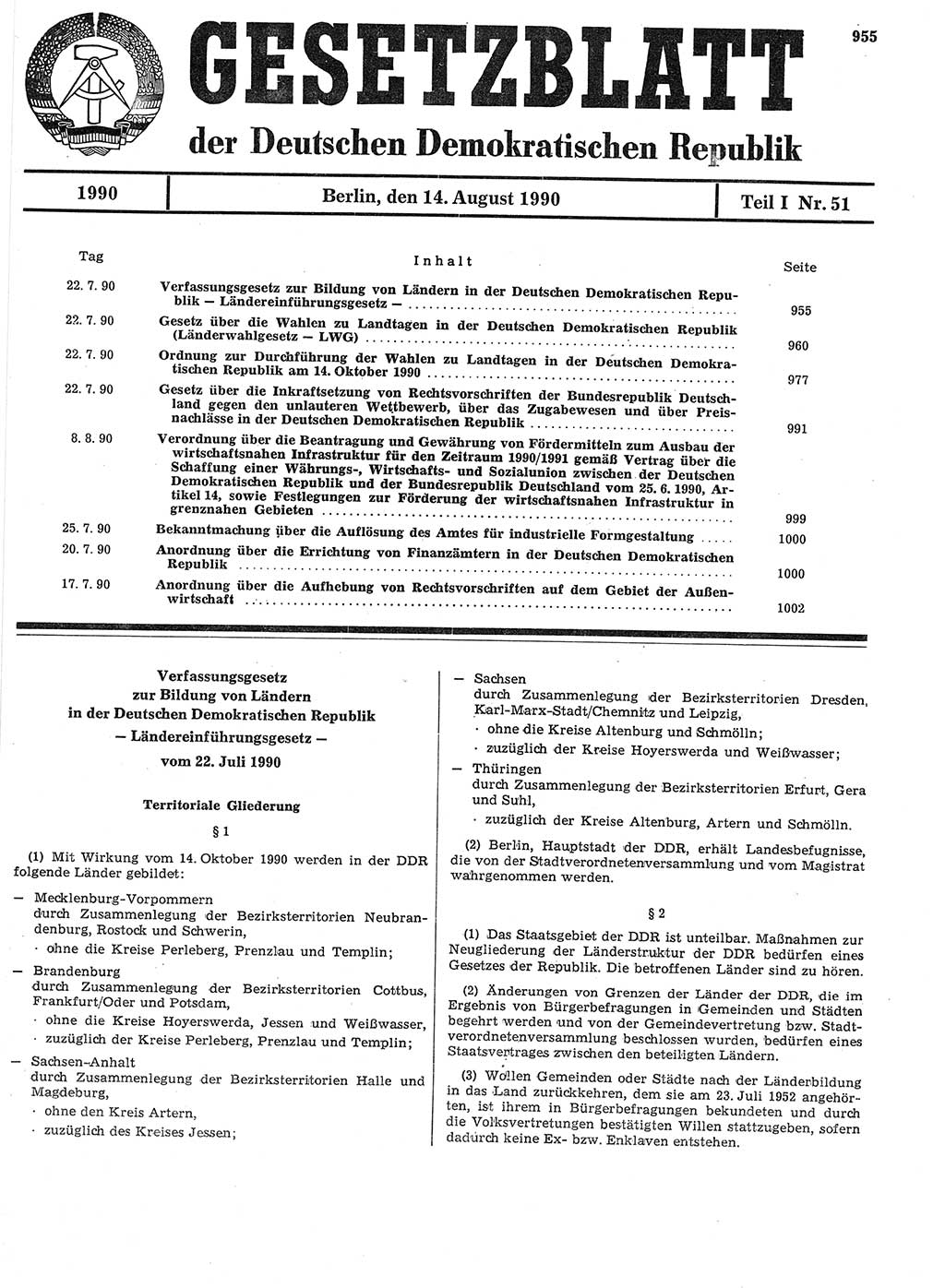 Gesetzblatt (GBl.) der Deutschen Demokratischen Republik (DDR) Teil Ⅰ 1990, Seite 955 (GBl. DDR Ⅰ 1990, S. 955)