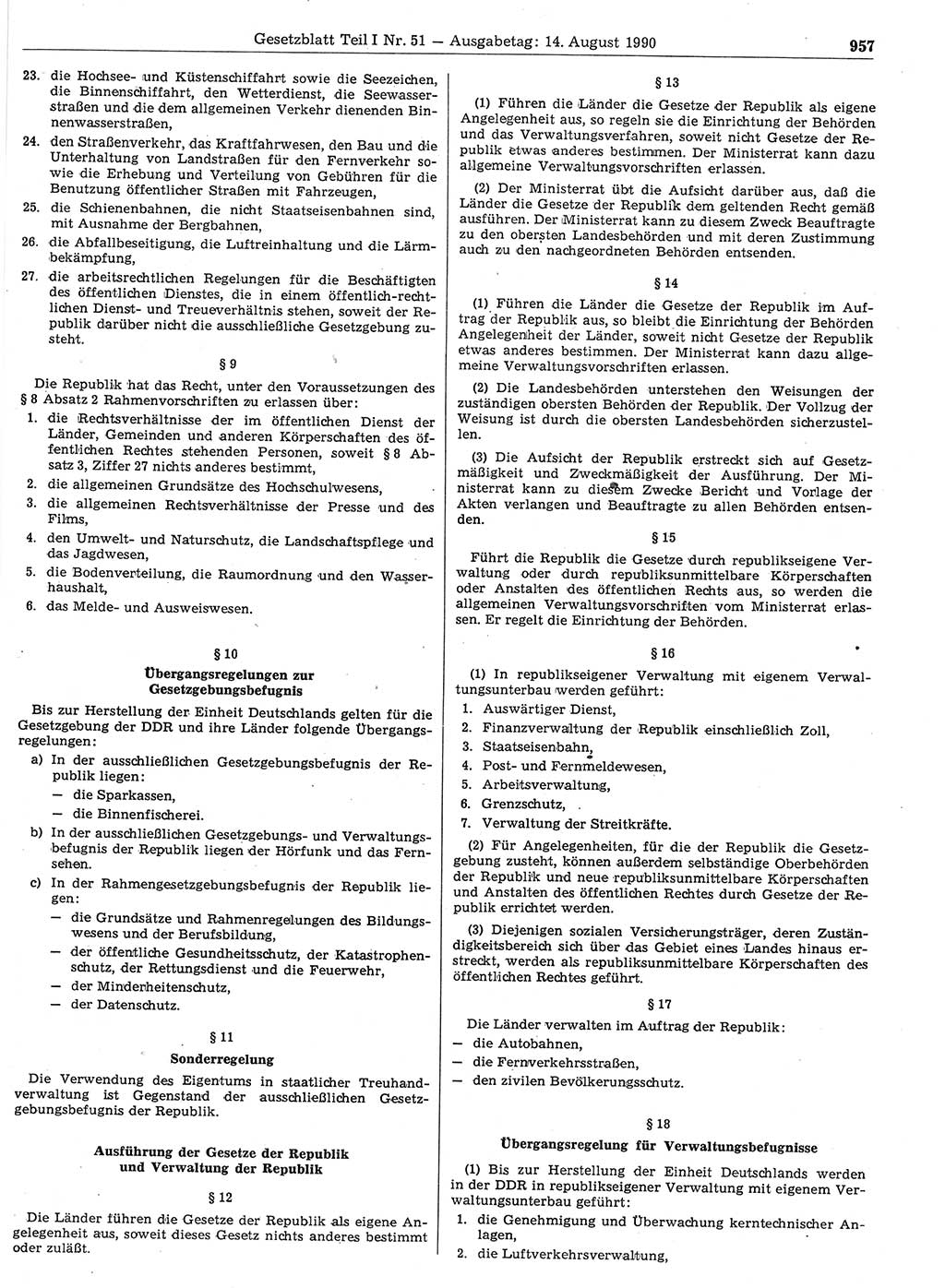 Gesetzblatt (GBl.) der Deutschen Demokratischen Republik (DDR) Teil Ⅰ 1990, Seite 957 (GBl. DDR Ⅰ 1990, S. 957)