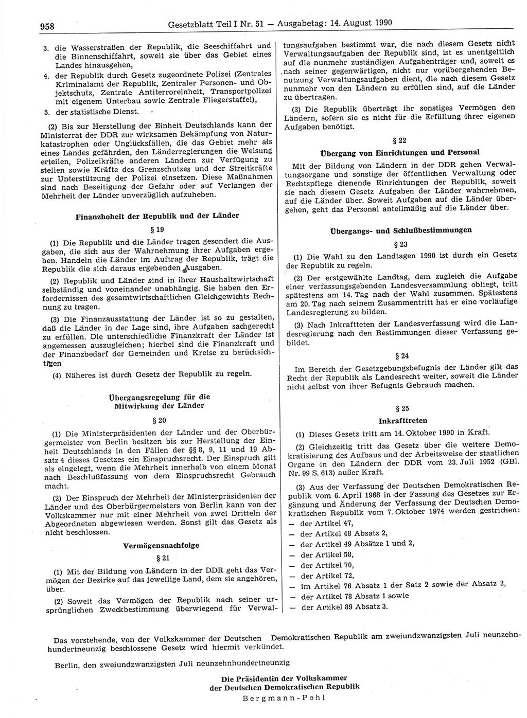 Gesetzblatt (GBl.) der Deutschen Demokratischen Republik (DDR) Teil Ⅰ 1990, Seite 958 (GBl. DDR Ⅰ 1990, S. 958)