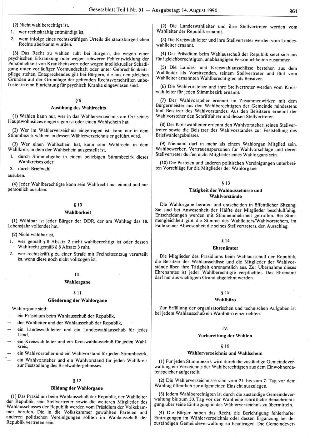 Gesetzblatt (GBl.) der Deutschen Demokratischen Republik (DDR) Teil Ⅰ 1990, Seite 961 (GBl. DDR Ⅰ 1990, S. 961)
