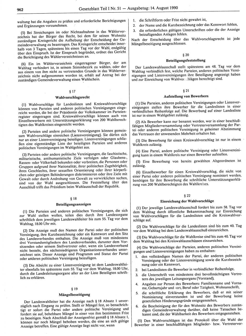 Gesetzblatt (GBl.) der Deutschen Demokratischen Republik (DDR) Teil Ⅰ 1990, Seite 962 (GBl. DDR Ⅰ 1990, S. 962)