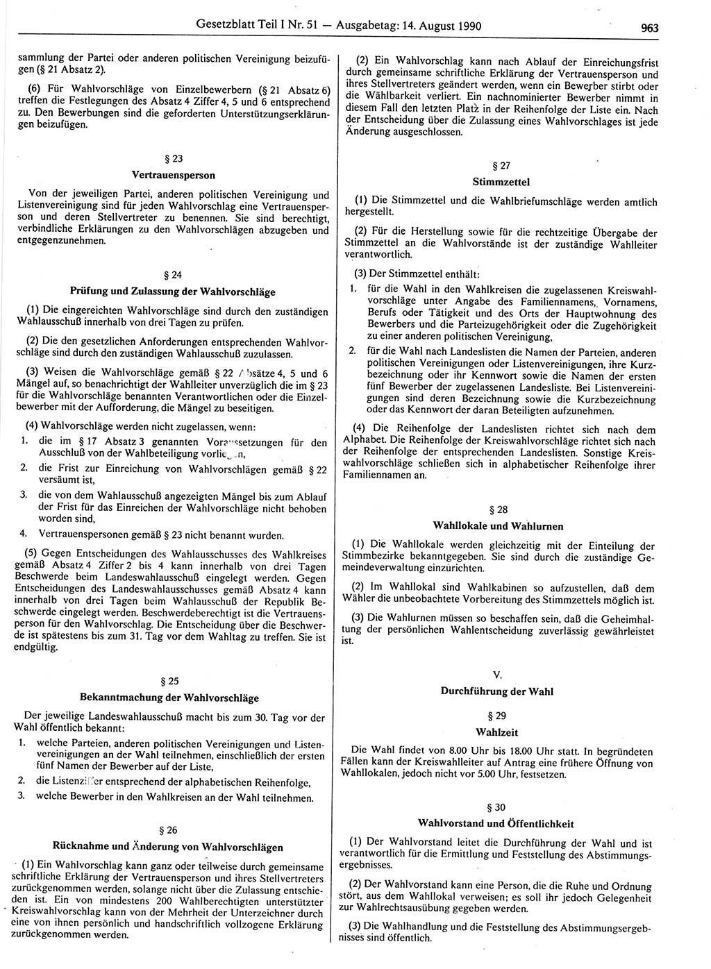 Gesetzblatt (GBl.) der Deutschen Demokratischen Republik (DDR) Teil Ⅰ 1990, Seite 963 (GBl. DDR Ⅰ 1990, S. 963)