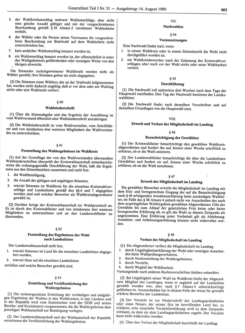 Gesetzblatt (GBl.) der Deutschen Demokratischen Republik (DDR) Teil Ⅰ 1990, Seite 965 (GBl. DDR Ⅰ 1990, S. 965)