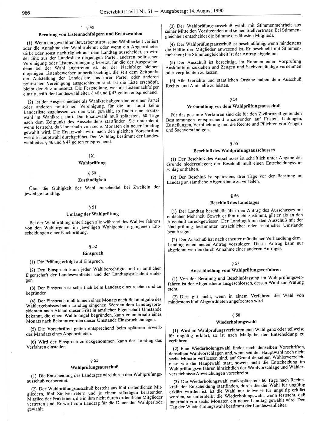 Gesetzblatt (GBl.) der Deutschen Demokratischen Republik (DDR) Teil Ⅰ 1990, Seite 966 (GBl. DDR Ⅰ 1990, S. 966)