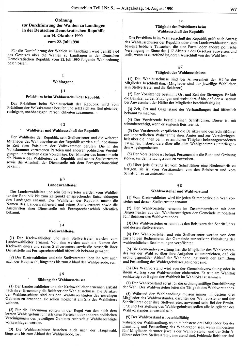 Gesetzblatt (GBl.) der Deutschen Demokratischen Republik (DDR) Teil Ⅰ 1990, Seite 977 (GBl. DDR Ⅰ 1990, S. 977)