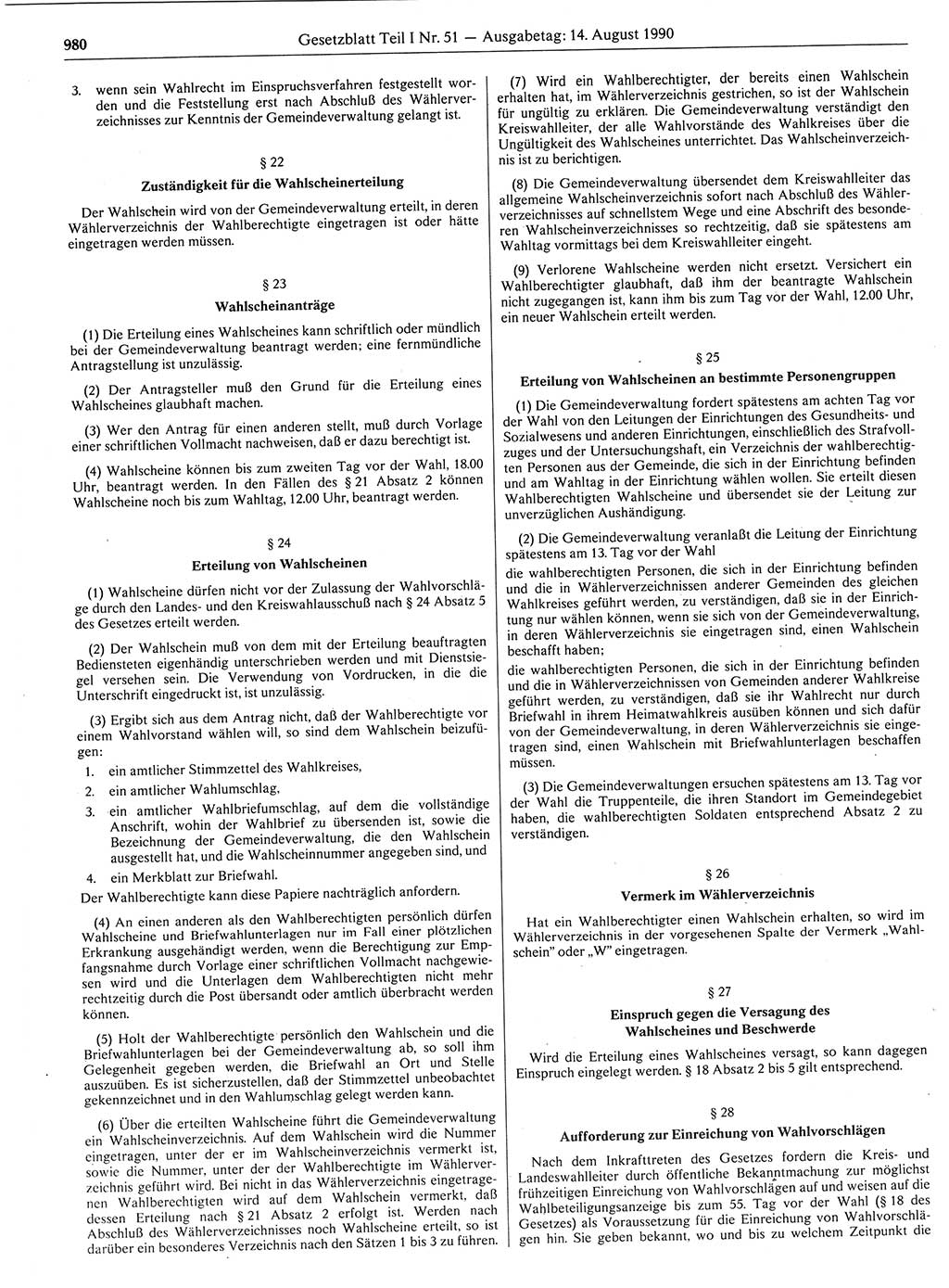 Gesetzblatt (GBl.) der Deutschen Demokratischen Republik (DDR) Teil Ⅰ 1990, Seite 980 (GBl. DDR Ⅰ 1990, S. 980)