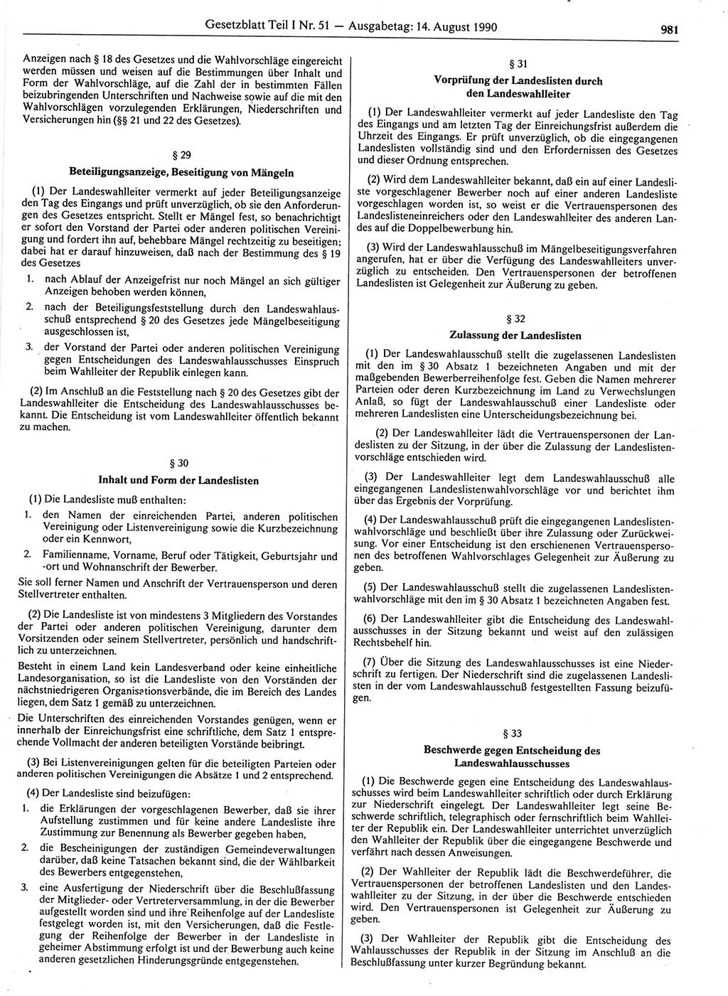 Gesetzblatt (GBl.) der Deutschen Demokratischen Republik (DDR) Teil Ⅰ 1990, Seite 981 (GBl. DDR Ⅰ 1990, S. 981)