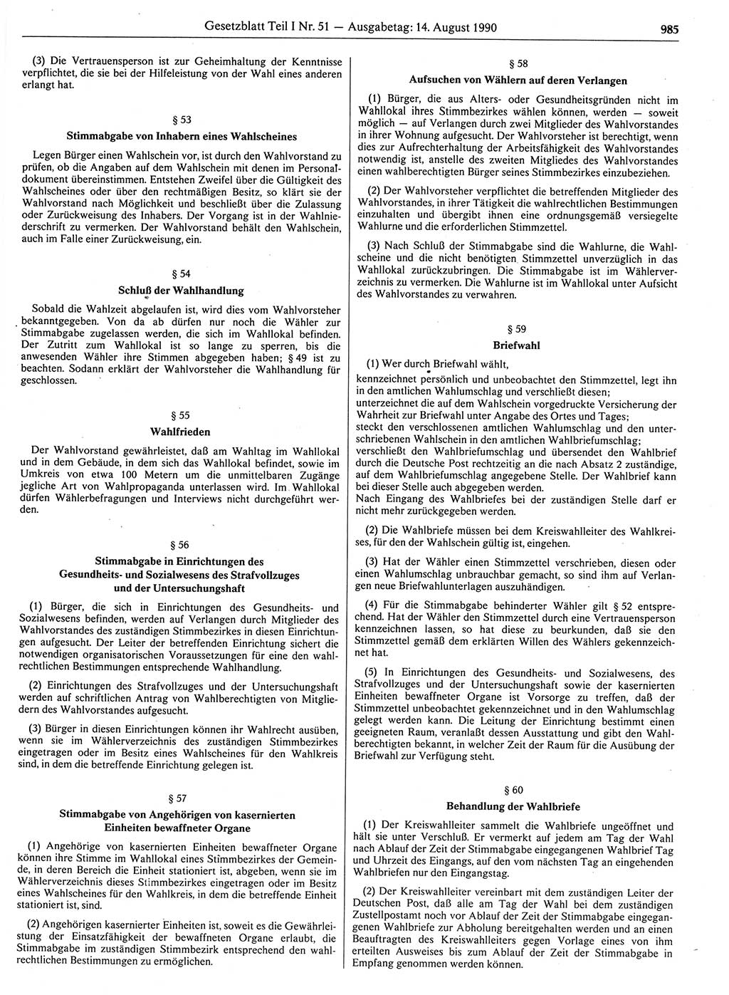 Gesetzblatt (GBl.) der Deutschen Demokratischen Republik (DDR) Teil Ⅰ 1990, Seite 985 (GBl. DDR Ⅰ 1990, S. 985)