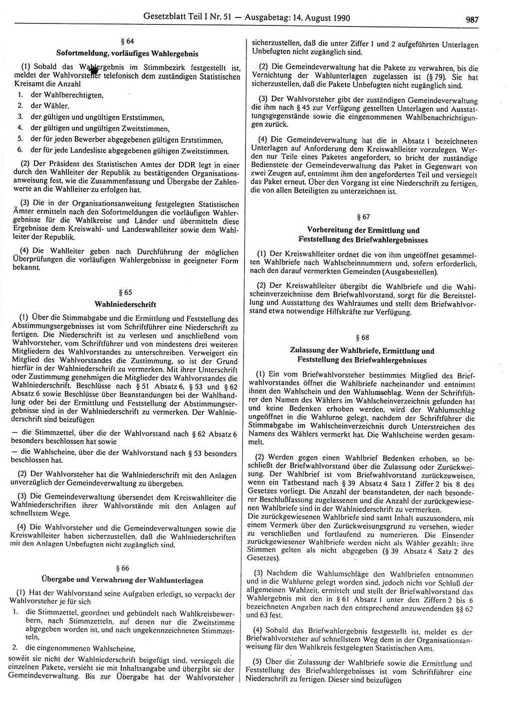 Gesetzblatt (GBl.) der Deutschen Demokratischen Republik (DDR) Teil Ⅰ 1990, Seite 987 (GBl. DDR Ⅰ 1990, S. 987)