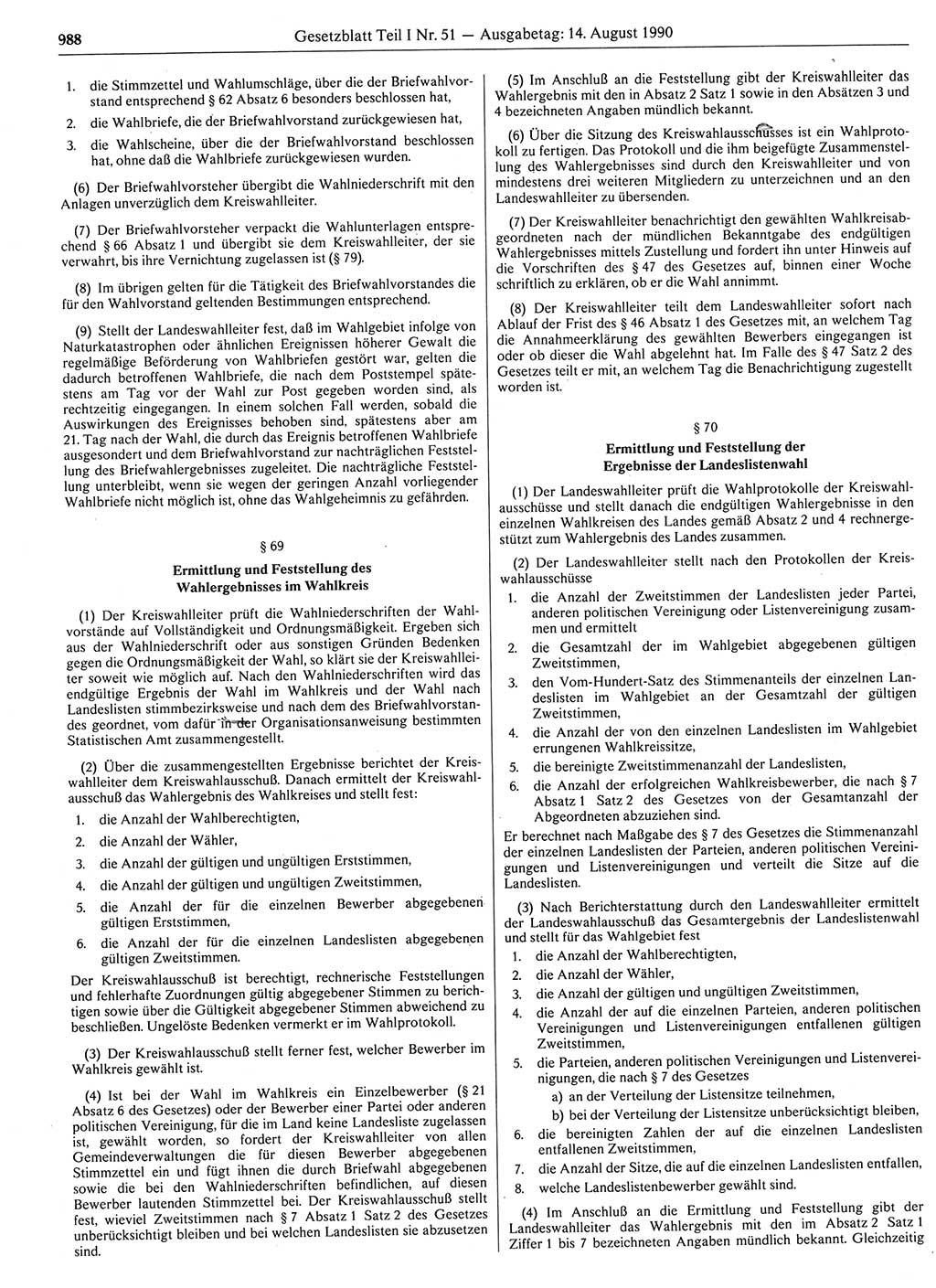 Gesetzblatt (GBl.) der Deutschen Demokratischen Republik (DDR) Teil Ⅰ 1990, Seite 988 (GBl. DDR Ⅰ 1990, S. 988)