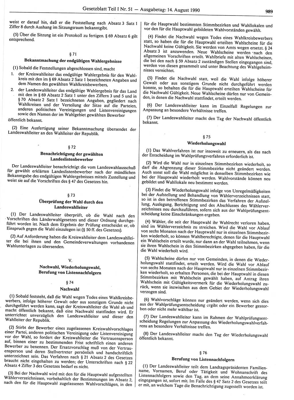 Gesetzblatt (GBl.) der Deutschen Demokratischen Republik (DDR) Teil Ⅰ 1990, Seite 989 (GBl. DDR Ⅰ 1990, S. 989)