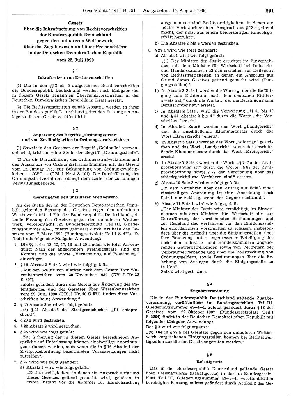 Gesetzblatt (GBl.) der Deutschen Demokratischen Republik (DDR) Teil Ⅰ 1990, Seite 991 (GBl. DDR Ⅰ 1990, S. 991)