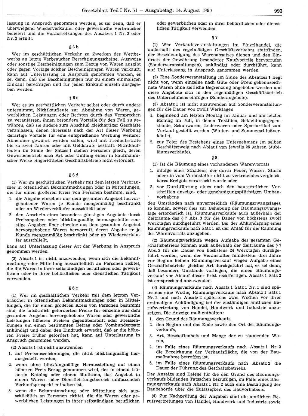 Gesetzblatt (GBl.) der Deutschen Demokratischen Republik (DDR) Teil Ⅰ 1990, Seite 993 (GBl. DDR Ⅰ 1990, S. 993)
