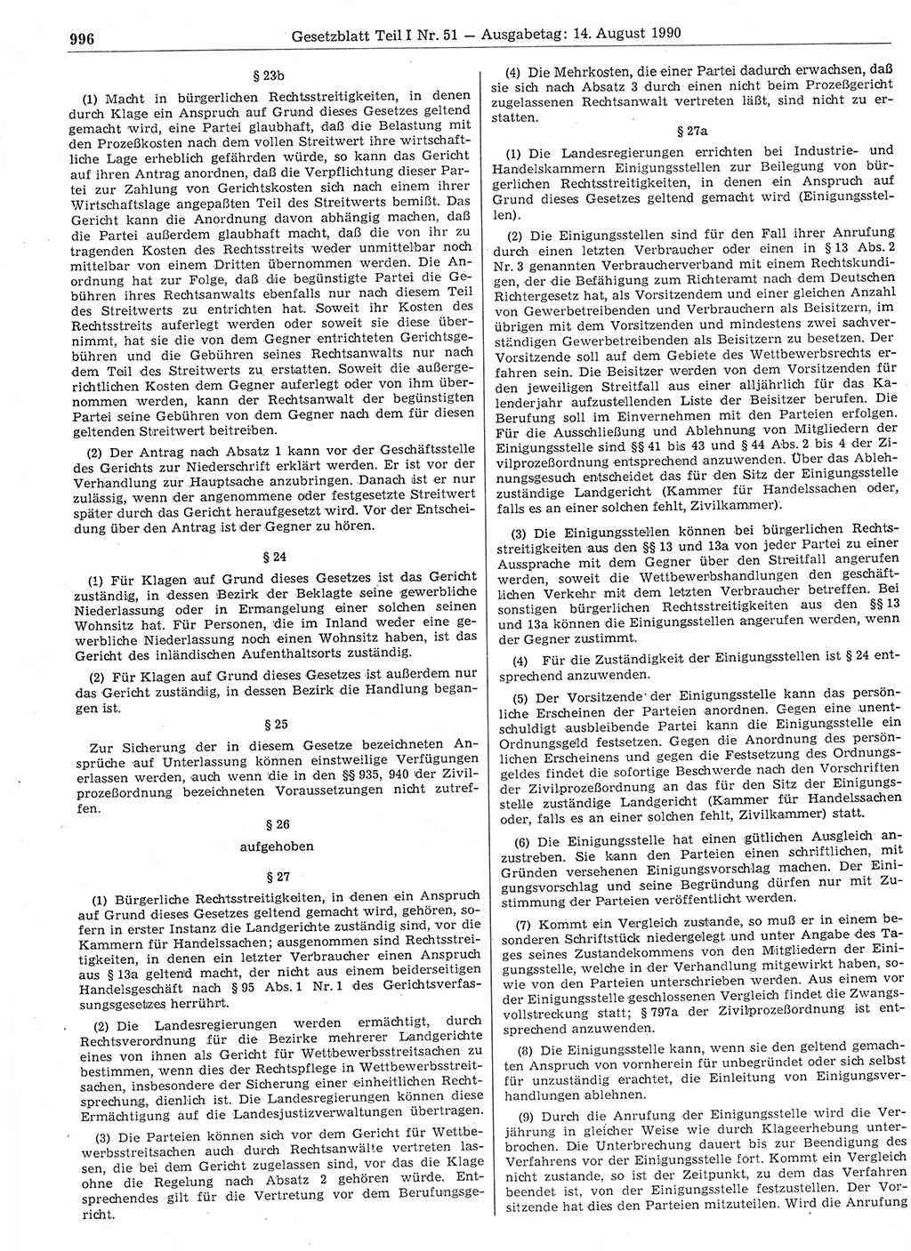 Gesetzblatt (GBl.) der Deutschen Demokratischen Republik (DDR) Teil Ⅰ 1990, Seite 996 (GBl. DDR Ⅰ 1990, S. 996)
