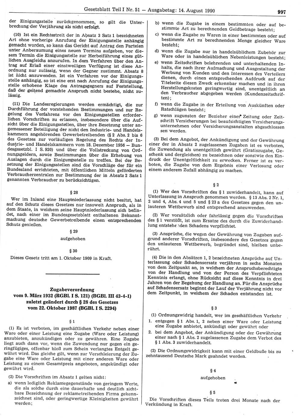 Gesetzblatt (GBl.) der Deutschen Demokratischen Republik (DDR) Teil Ⅰ 1990, Seite 997 (GBl. DDR Ⅰ 1990, S. 997)