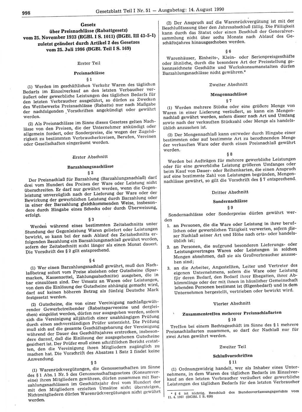 Gesetzblatt (GBl.) der Deutschen Demokratischen Republik (DDR) Teil Ⅰ 1990, Seite 998 (GBl. DDR Ⅰ 1990, S. 998)