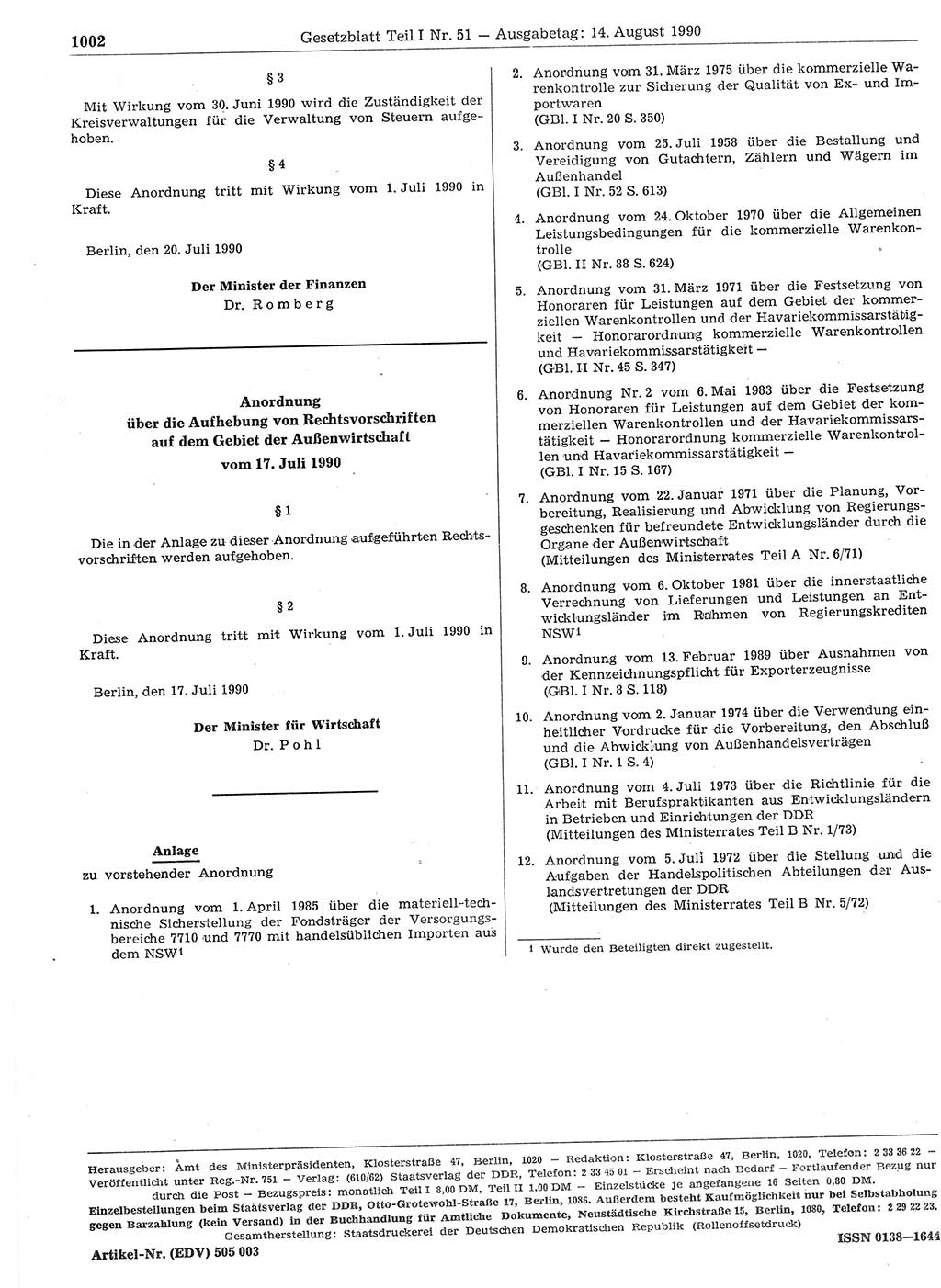 Gesetzblatt (GBl.) der Deutschen Demokratischen Republik (DDR) Teil Ⅰ 1990, Seite 1002 (GBl. DDR Ⅰ 1990, S. 1002)