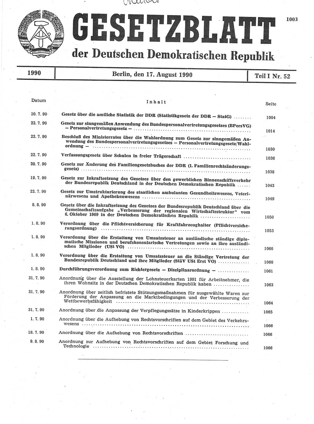 Gesetzblatt (GBl.) der Deutschen Demokratischen Republik (DDR) Teil Ⅰ 1990, Seite 1003 (GBl. DDR Ⅰ 1990, S. 1003)