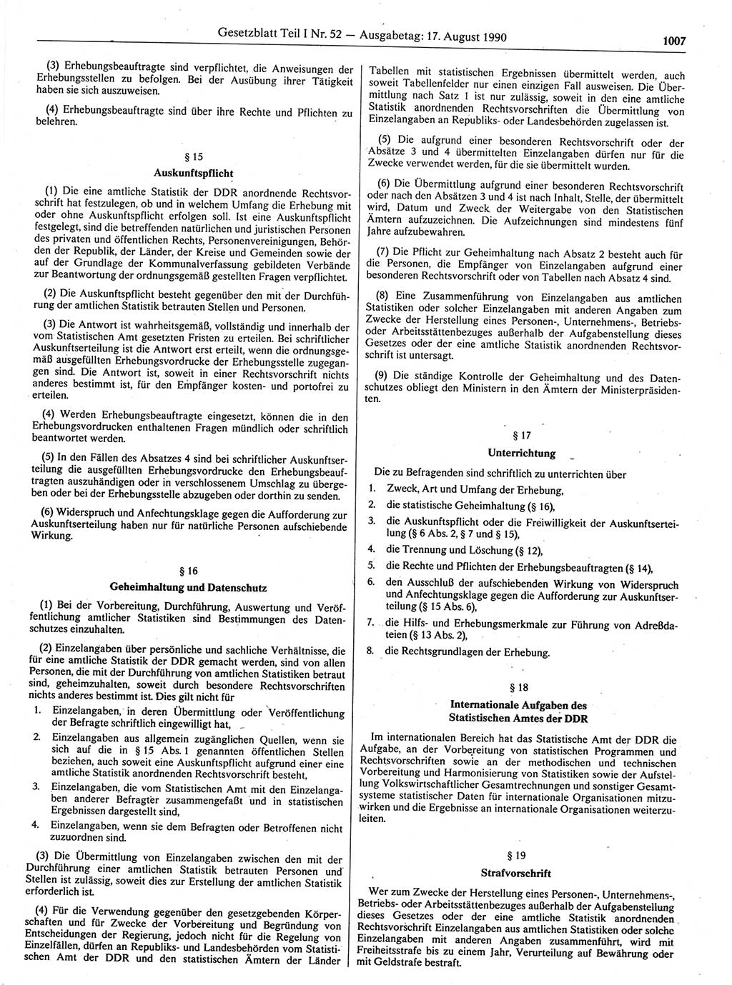 Gesetzblatt (GBl.) der Deutschen Demokratischen Republik (DDR) Teil Ⅰ 1990, Seite 1007 (GBl. DDR Ⅰ 1990, S. 1007)